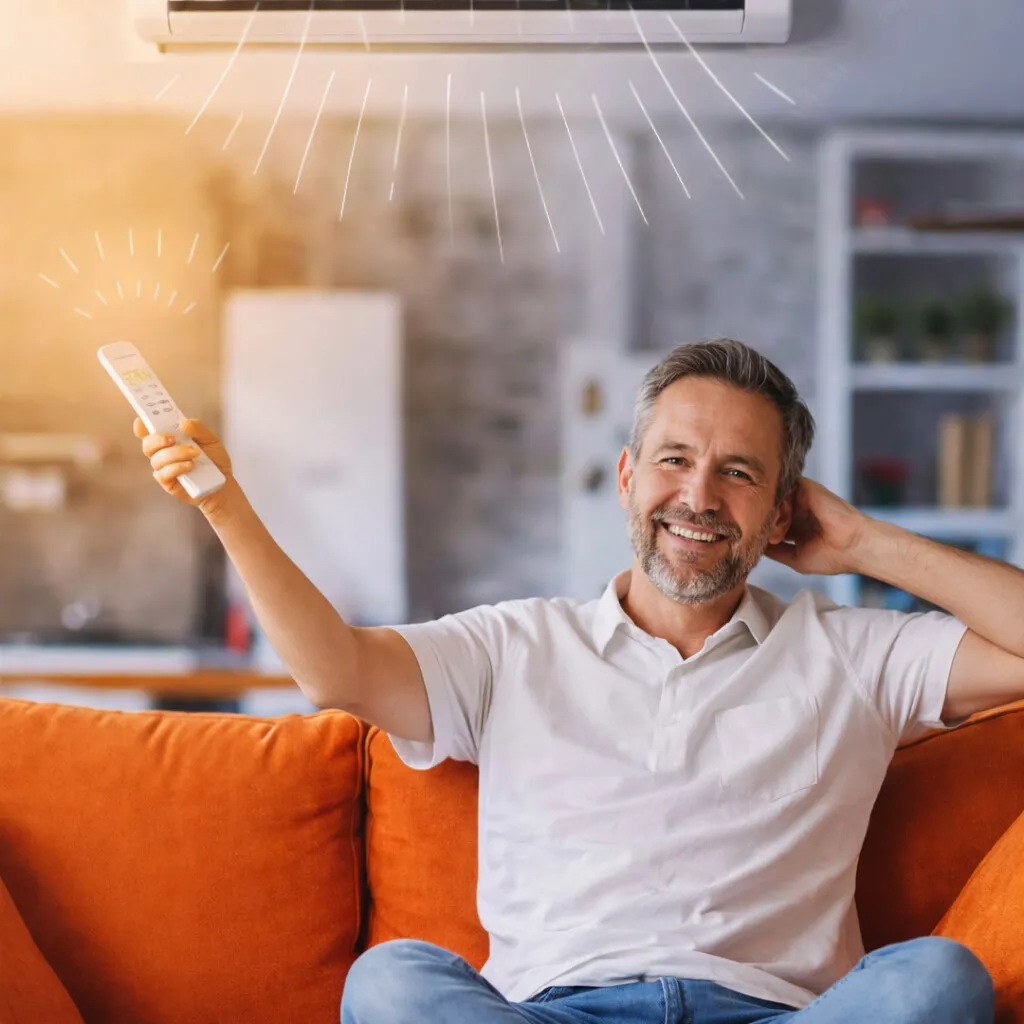 Mann sitzt entspannt auf dem Sofa und bedient die Klimaanlage per Fernbedienung