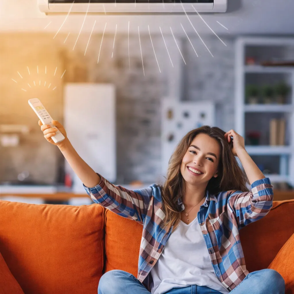 Frau sitzt entspannt auf dem Sofa und bedient die Klimaanlage per Fernbedienung